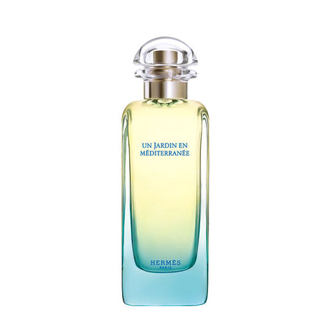 Hermes Un Jardin En Mediterranee Eau De Toilette spray 100ml bottle with green and floral design, elegant packaging.