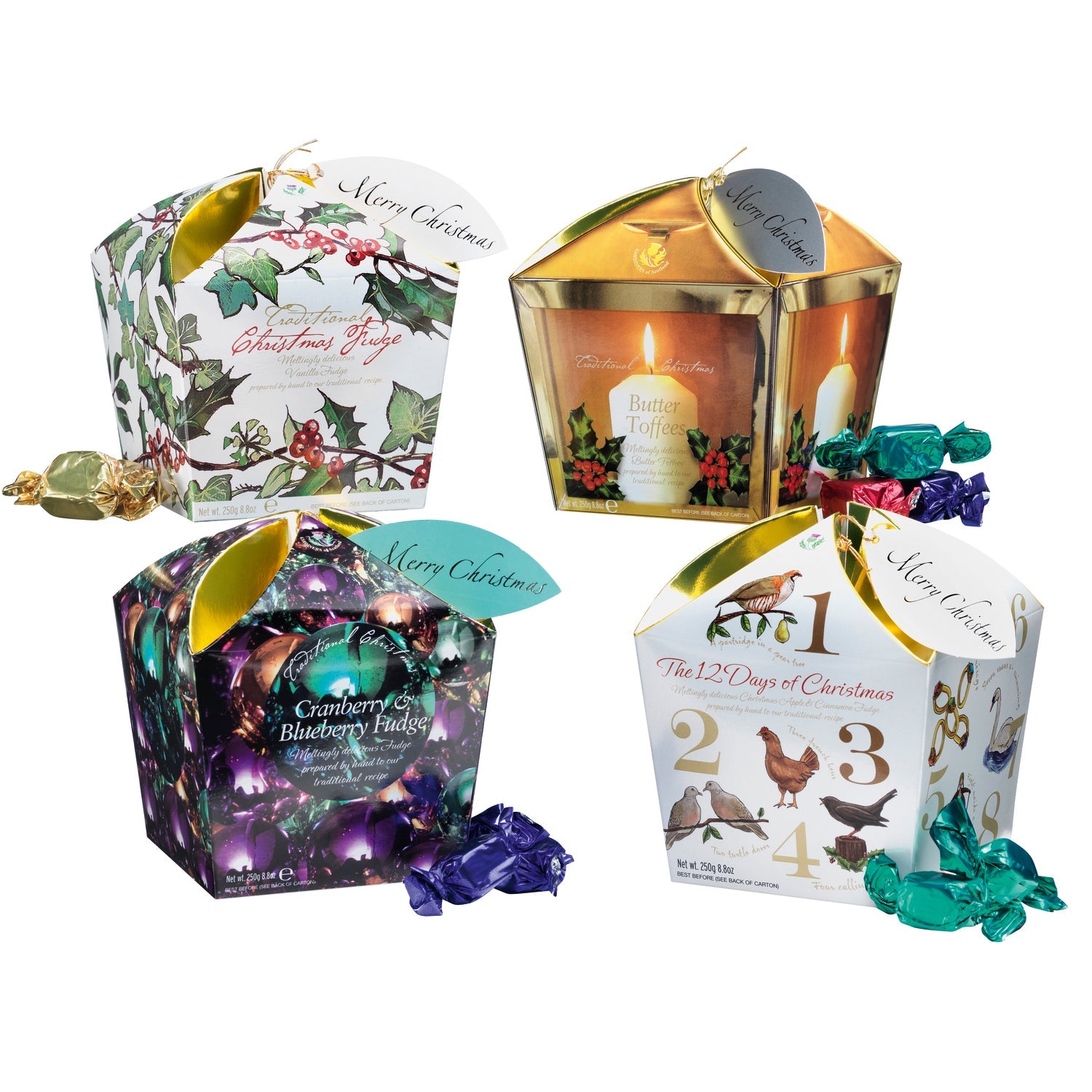Holly-themed carton of Jag Couture London New York traditional Christmas vanilla fudge, decorated with festive holiday imagery.