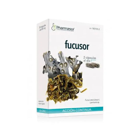 Homeosor Fucusor Continuous Action capsules by Jag Couture London - New York, showing a bottle of 30 capsules on a plain background.