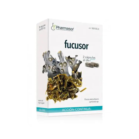 Homeosor Fucusor Continuous Action capsules by Jag Couture London New York, showing a bottle of 30 dietary supplement capsules.