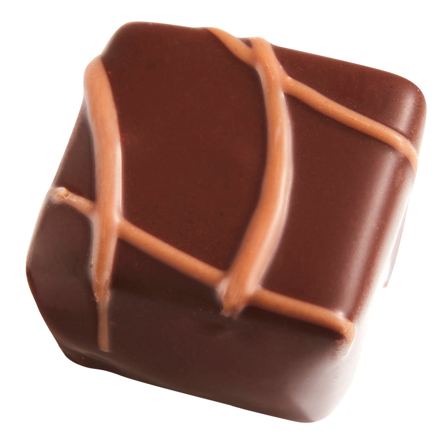 Hugo salted caramel ganache in dark chocolate from Jag Couture London, 11.4g, showing a close-up of the chocolate piece with caramel filling.
