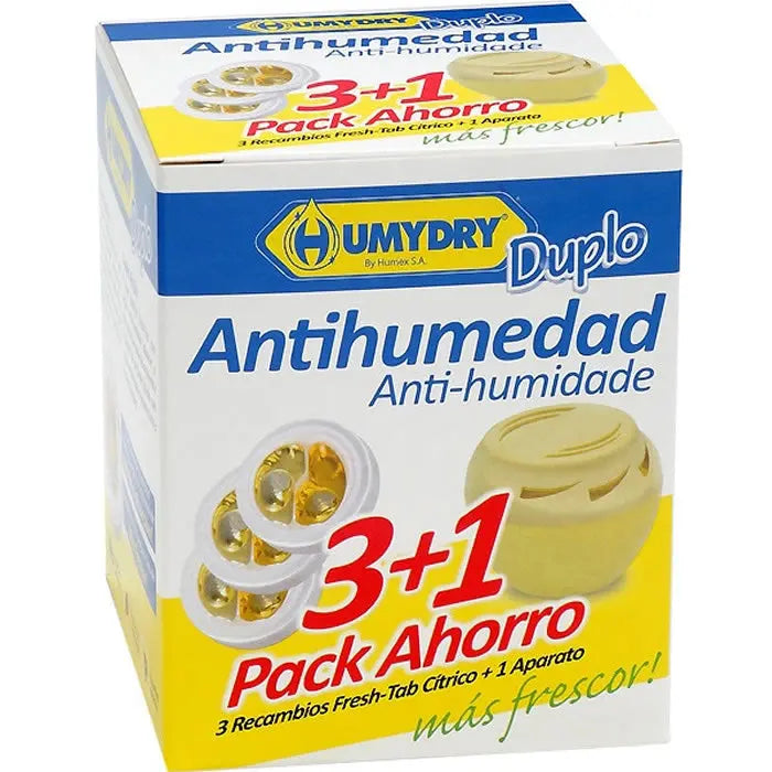 Humydry lemon-scented moisture absorber 3-pack refills with one free device by Jag Couture London New York.