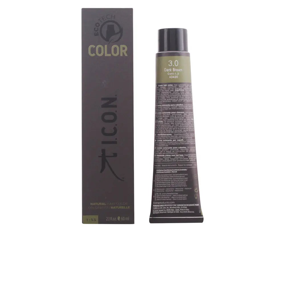 Icon Ecotech Color natural hair dye in shade 4 Medium Brown, 60ml jar, with hair color and brand packaging visible.