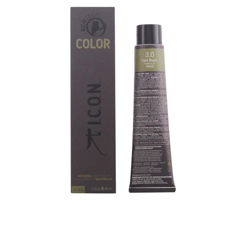 Icon Ecotech Color natural hair dye in shade 4 Medium Brown, 60ml jar, with hair color and brand packaging visible.