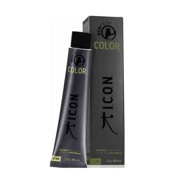 Icon Ecotech Natural Hair Color 6.1 Dark Ash Blonde by Jag Couture London New York, showcasing the hair dye tube and color sample.