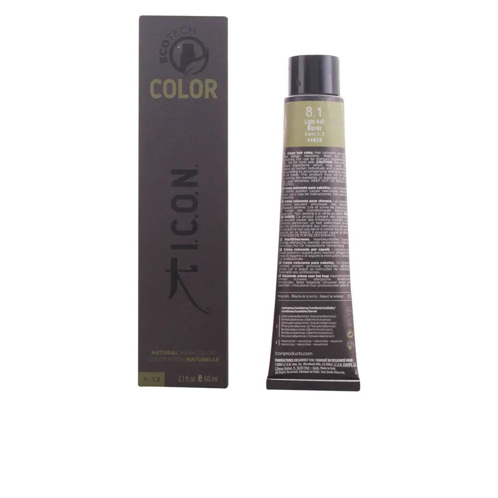 Jag Couture London Icon Ecotech Color natural hair dye in 8.1 Light Ash Blonde, 60ml bottle with blonde hair color in the image