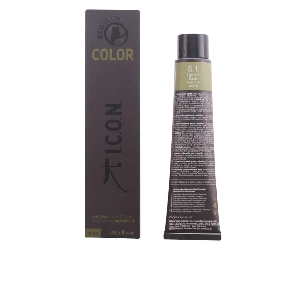 Icon Ecotech Natural Hair Color 8.1 Light Ash Blonde in 60ml bottle, from Jag Couture London New York, showing the hair dye container.