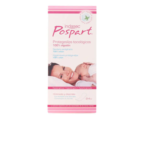 Pack of 24 Indasec Pospart panty liners by Jag Couture London, made of 100% cotton, displayed in a box.
