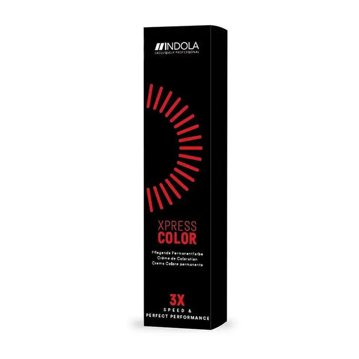 Indola Xpress Color 3X No. 6.2 hair dye from Jag Couture London New York, showing vibrant hair color in a professional tube.