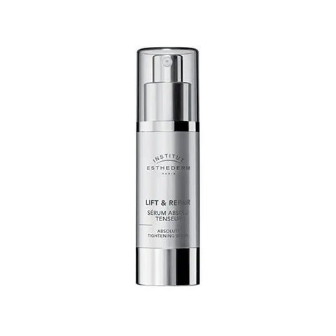 Institut Esthederm Lift & Repair Absolute Tightening Serum 30ml, clear glass bottle with dropper for skincare.