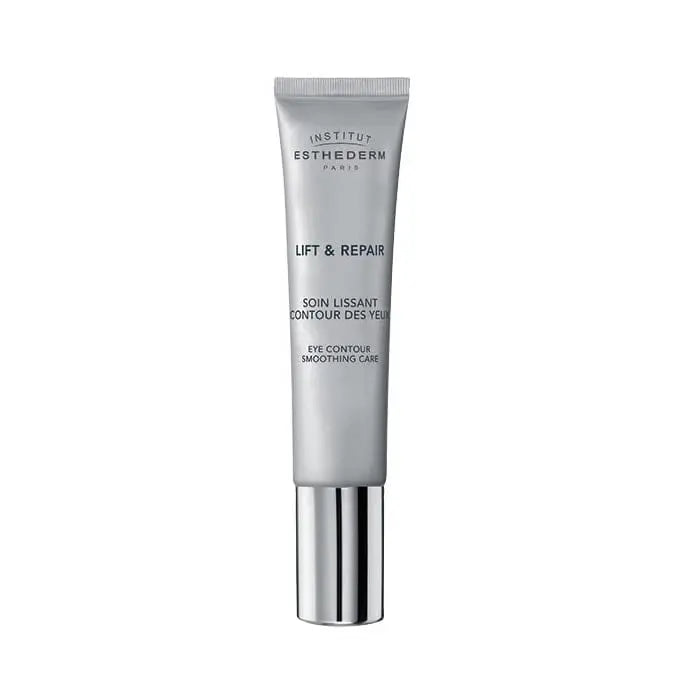 Institut Esthederm Lift & Repair Eye Contour Smoothing Care 15ml, shown in a sleek jar with smooth eye area visible.