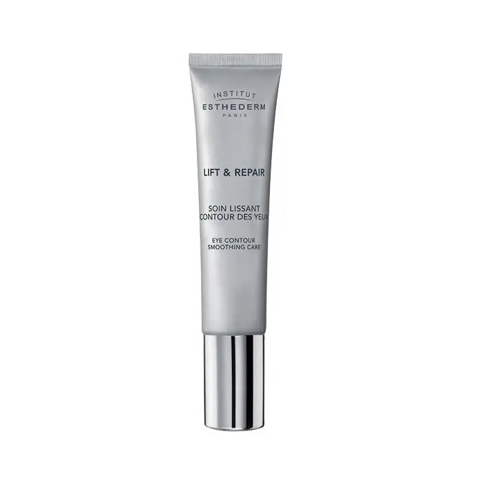 Institut Esthederm Lift & Repair Eye Contour Smoothing Care in 15ml jar, featuring a sleek container with a white lid and product label.