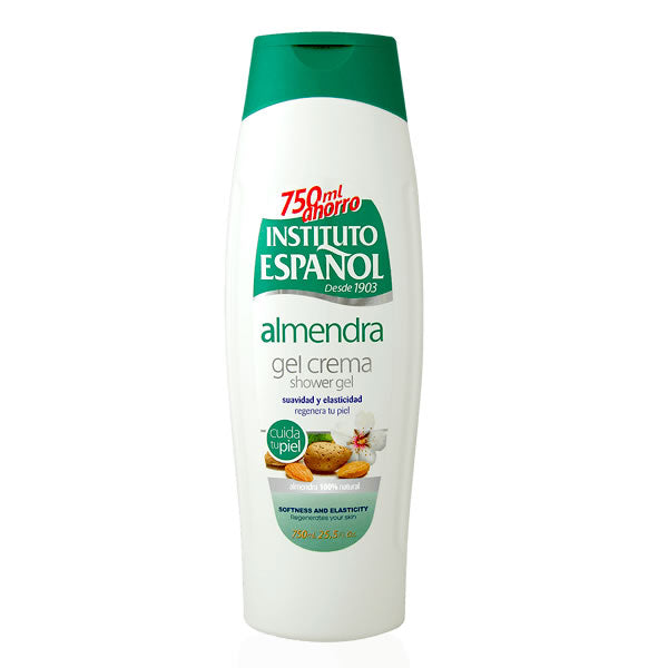 Instituto Español Almond Shower Gel 750ml bottle with almond scent, displayed on a clean bathroom surface.