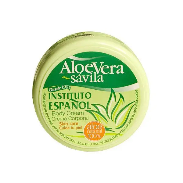 Instituto Español Aloe Vera Body Cream 50ml, smooth cream in a white jar, branded by Jag Couture London New York.
