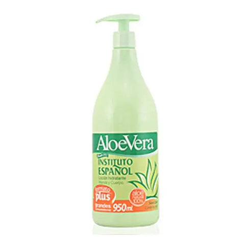 Instituto Español Aloe Vera Lotion 950ml bottle, featuring clear packaging and green aloe vera illustrations, by Jag Couture London New York.