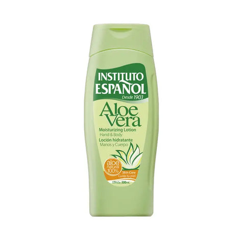Instituto Español Aloe Vera Moisturizing Lotion 500ml bottle, featuring clear packaging and vibrant label with aloe vera imagery.