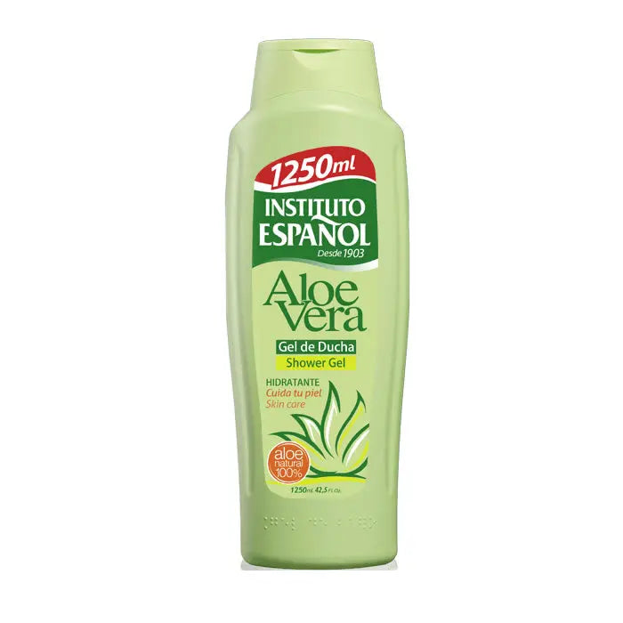 Instituto Español Aloe Vera Shower Gel 1250ml bottle with green label and pump dispenser, displayed on a bathroom shelf.