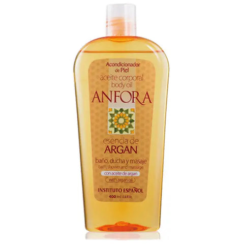 Jag Couture London Argan Amphora Oil 400ml, Instituto Español product bottle with elegant label and pump dispenser.