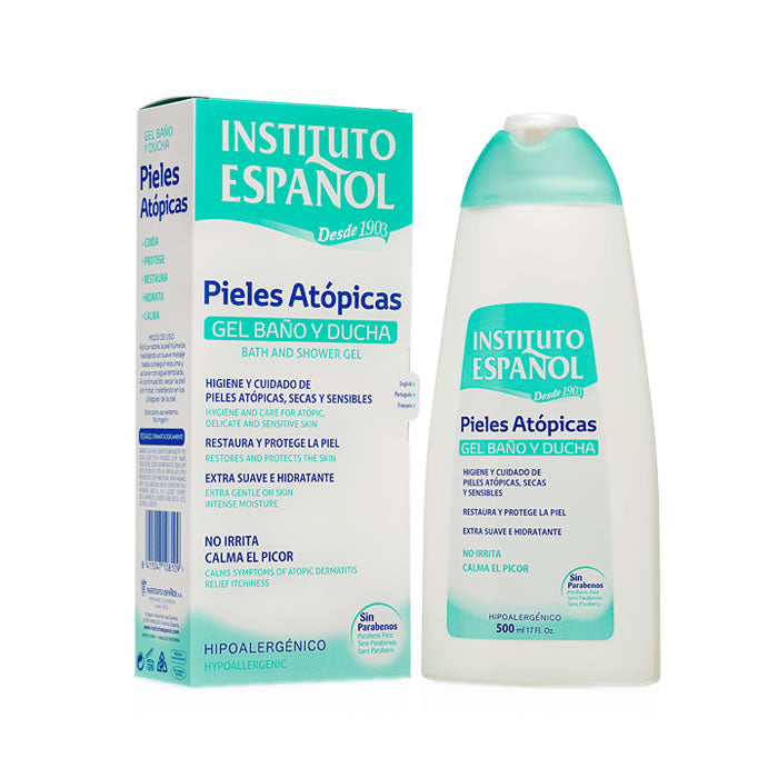 Instituto Español Atopic Skin Bath and Shower Gel 500ml by Jag Couture London - New York, with a sleek bottle and label.