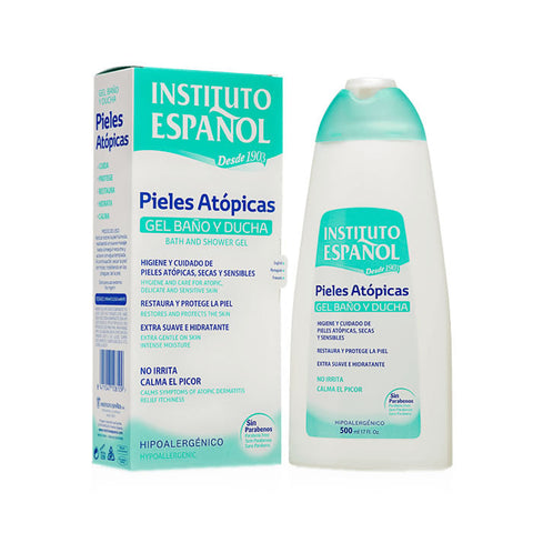 Instituto Español Atopic Skin Bath and Shower Gel 500ml by Jag Couture London - New York, with a sleek bottle and label.