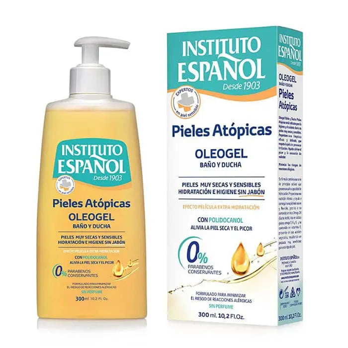 Instituto Español Atopic Skin Bath and Shower Oleogel in 300ml bottle, moisturizing skin care product by Jag Couture London New York