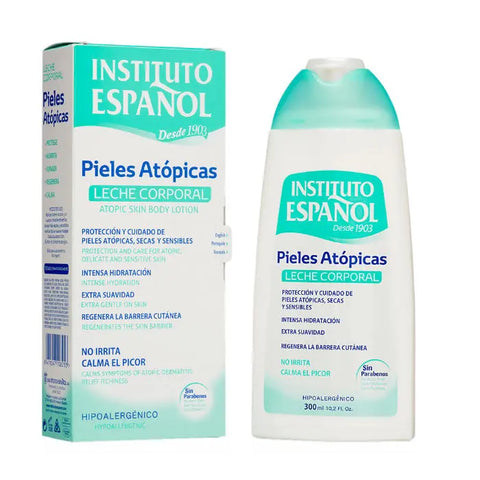 Instituto Español Atopic Skin Body Milk in 300ml bottle, featuring smooth, nourishing lotion for sensitive skin by Jag Couture London.