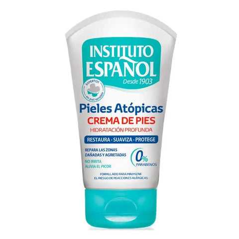 Instituto Español Atopic Skin Foot Cream by Jag Couture London New York, 100ml jar with white and blue packaging, close-up view