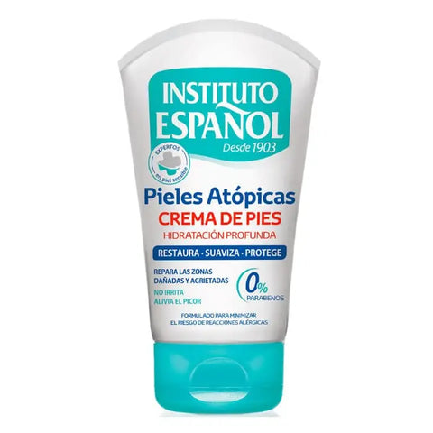 Instituto Español Atopic Skin Foot Cream in 100ml jar, featuring nourishing formula for dry, sensitive skin on feet.