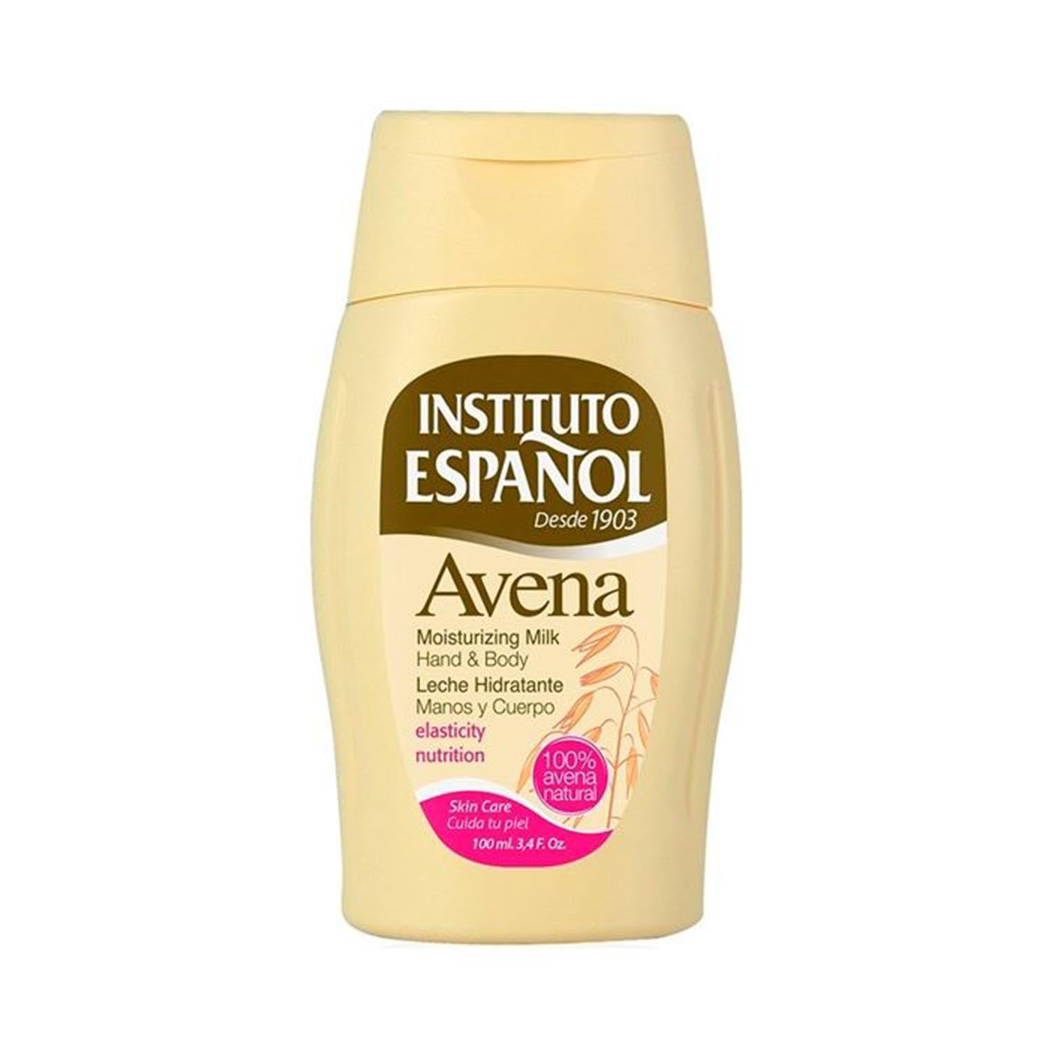 Instituto Español Avena Leche Hidratante 100ml, moisturizing lotion bottle, featuring soft pastel label and product branding.