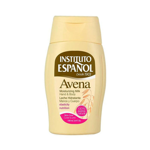 Instituto Español Avena Leche Hidratante 100ml, moisturizing lotion bottle, featuring soft pastel label and product branding.