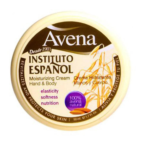 Jar of Instituto Español Avena Moisturizing Cream by Jag Couture London in a 50ml container with a white label and blue accents.