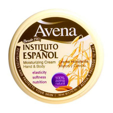 Jar of Instituto Español Avena Moisturizing Cream by Jag Couture London New York, 50ml, with a smooth, creamy texture on a neutral background.