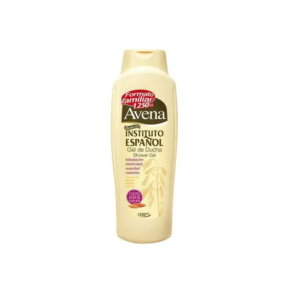 Instituto Español Avena shower gel in a 1250ml bottle, featuring a clear, pump dispenser with oatmeal-themed label design.