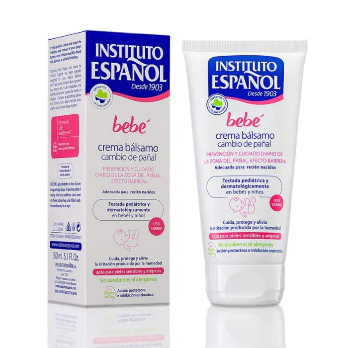 Instituto Español Baby Balm Cream 150ml, gentle moisturizer for babies, displayed in a white jar with a blue lid.