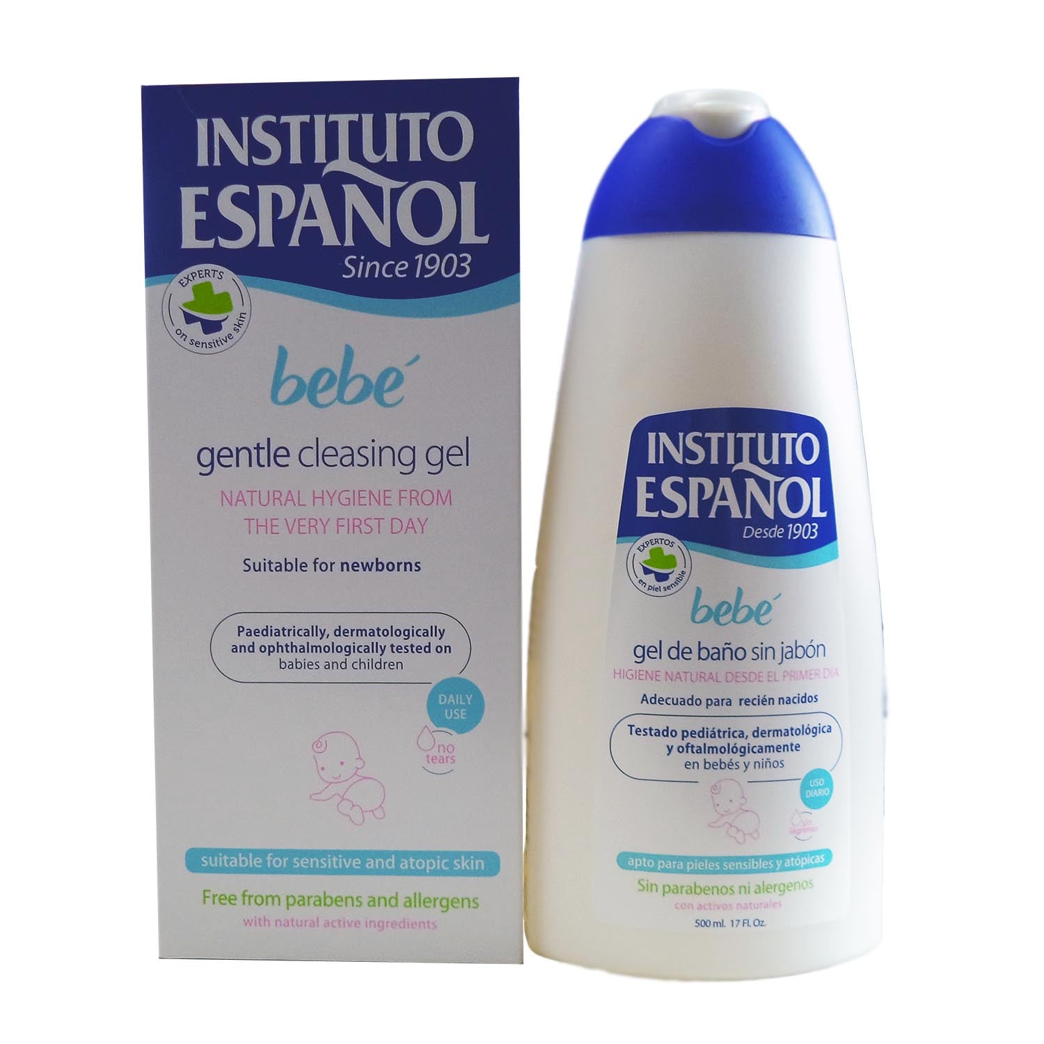 Instituto Español baby bath gel for newborns, gentle and fragrance-free, 500ml bottle with allergen-free formula, by Jag Couture London-New York.