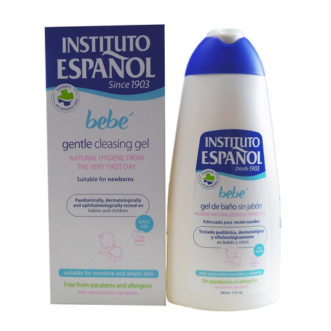 Instituto Español baby bath gel for newborns, gentle and fragrance-free, 500ml bottle with allergen-free formula, by Jag Couture London-New York.