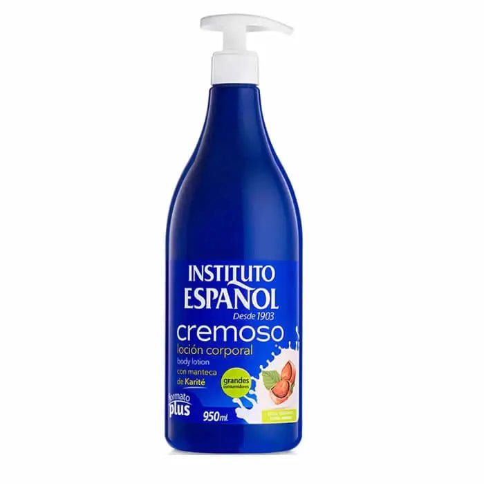 Instituto Español Shea Butter Body Lotion by Jag Couture London & New York, 950ml bottle with creamy texture and pump dispenser.