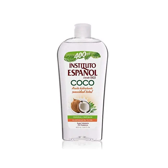 Jag Couture London New York Instituto Español Coco Body Oil 400ml bottle with coconut-scented skin moisturizing oil.