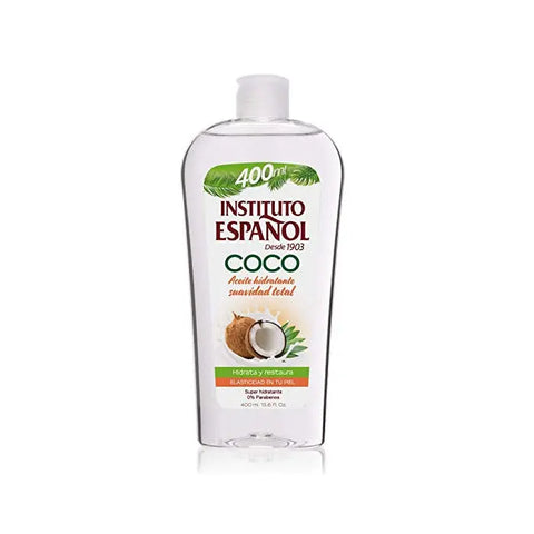 Jag Couture London New York Instituto Español Coco Body Oil 400ml bottle with coconut scent and moisturizing formula.