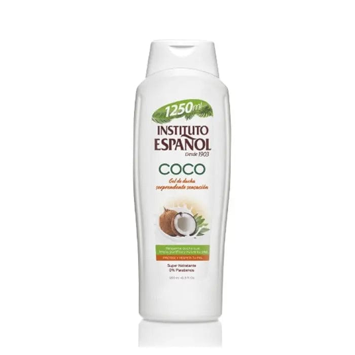 Instituto Español Coconut Shower Gel in 1250ml bottle, with creamy coconut scent and nourishing formula, by Jag Couture London New York.