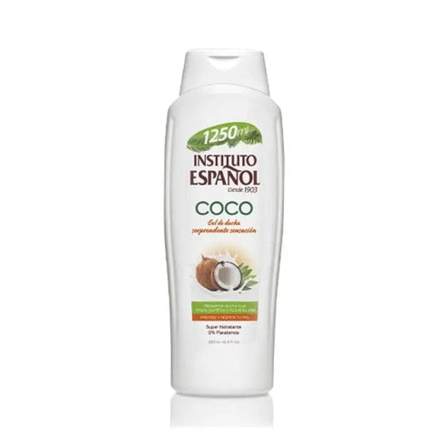 Instituto Español Coconut Shower Gel in 1250ml bottle, with creamy coconut scent and nourishing formula, by Jag Couture London New York.