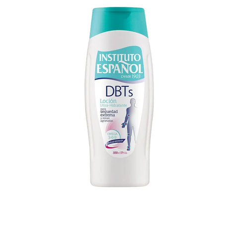 Instituto Español DBTS Body Lotion 500ml by Jag Couture London and New York, showing the white bottle with blue label.