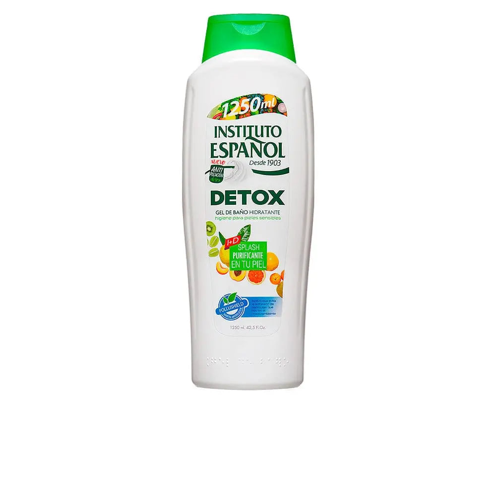 Instituto Español Detox Moisturizing Shower Gel 1250ml in a clear bottle with a blue and white label, displayed on a bathroom shelf.