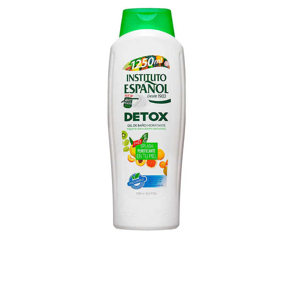 Instituto Español Detox Moisturizing Shower Gel in a large 1250ml bottle, with clear label and pump dispenser from Jag Couture London New York