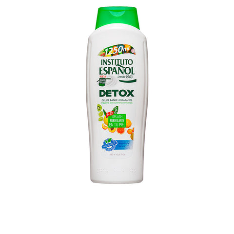 Instituto Español Detox Moisturizing Shower Gel in 1250ml bottle, featuring clear gel with refreshing scent and hygienic pump dispenser.