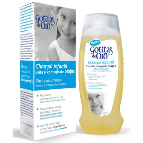 Instituto Español Gotitas De Oro anti-louse shampoo bottle, 500ml, with gold accents and clear label, by Jag Couture London New York