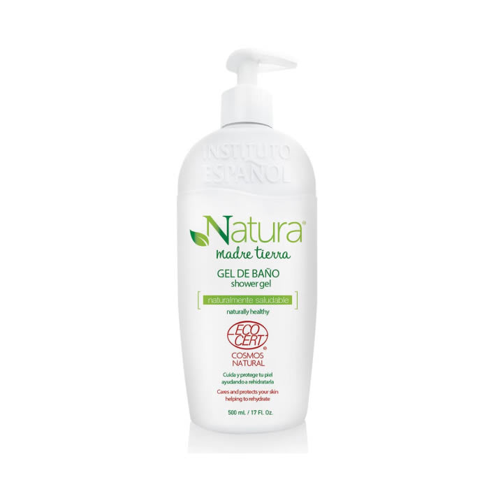 Instituto Español Natura Madre Tierra Shower Gel 500ml bottle with natural ingredients, displayed on a clean surface.