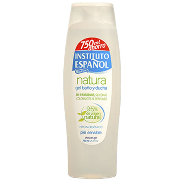 Instituto Español Natura Sensitive Skin Shower Gel in 750ml bottle, featuring a clear container with blue and white label.