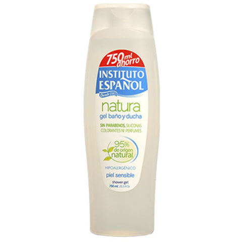 Instituto Español Natura Sensitive Skin Shower Gel in 750ml bottle, featuring a clear container with blue and white label.