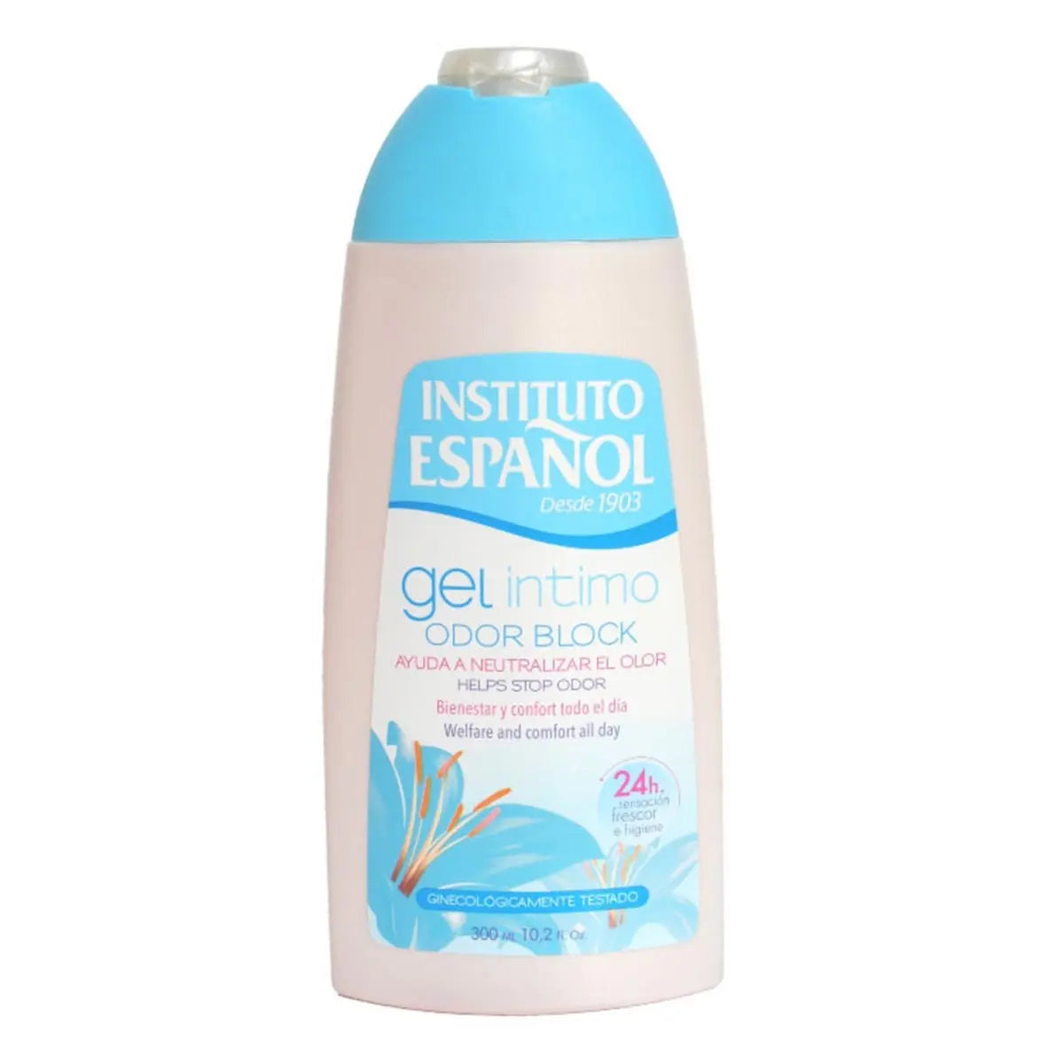 Instituto Español Odor Block Intimate Gel 300ml bottle, featuring sleek packaging with brand logo and product details.